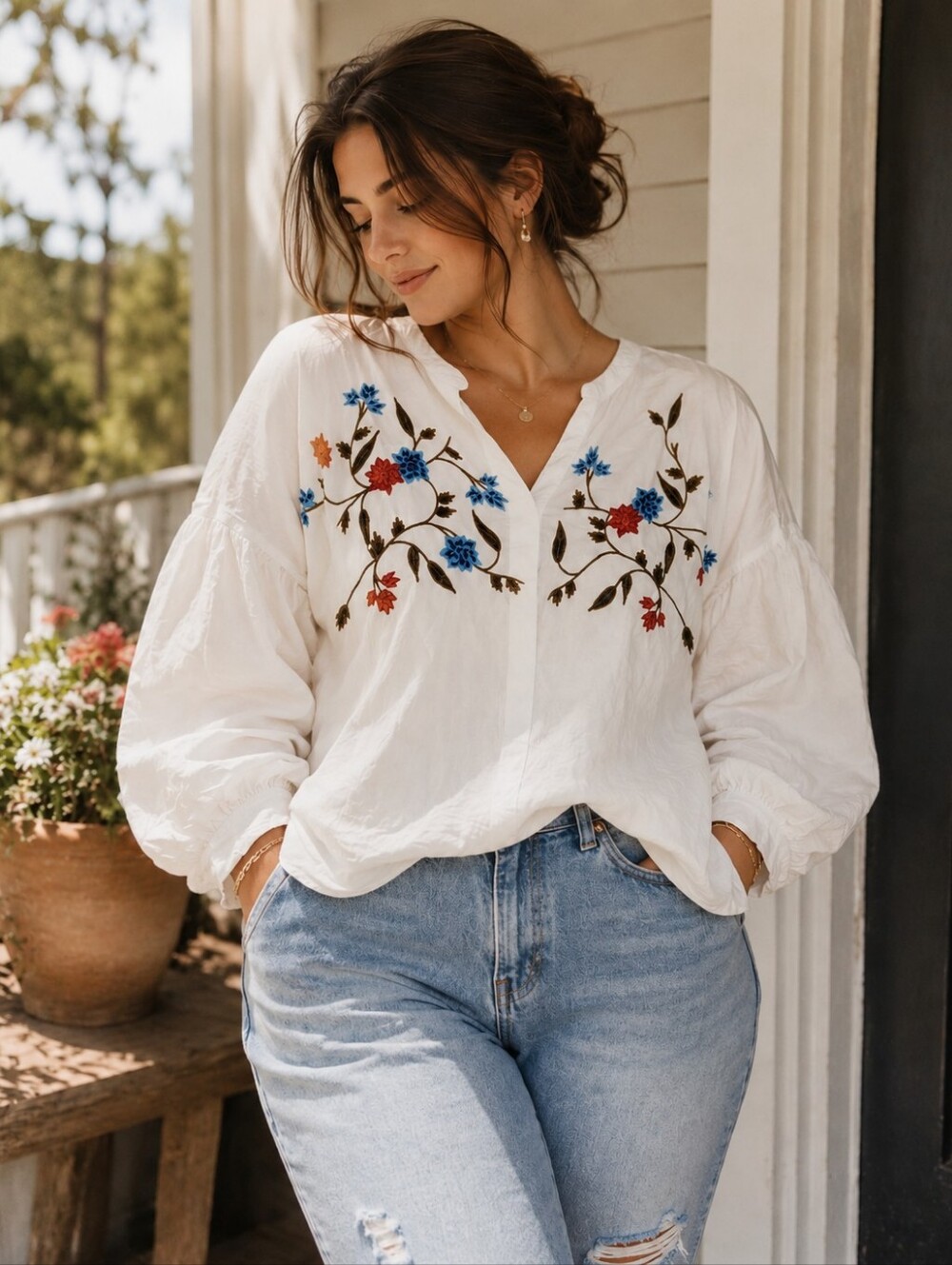Two by Vince Camuto Womens Embroidered Peasant Blouse 2X White Cotton